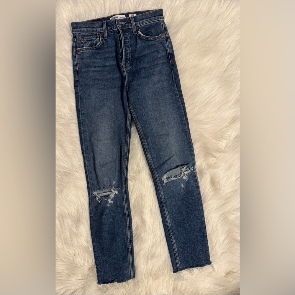 Re/Done Dark Blue Distressed Skinny Jeans